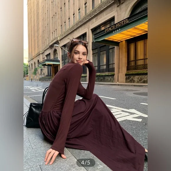 Commense Plain Long Sleeve Pleated Burgundy Dress - Picture 2 of 7